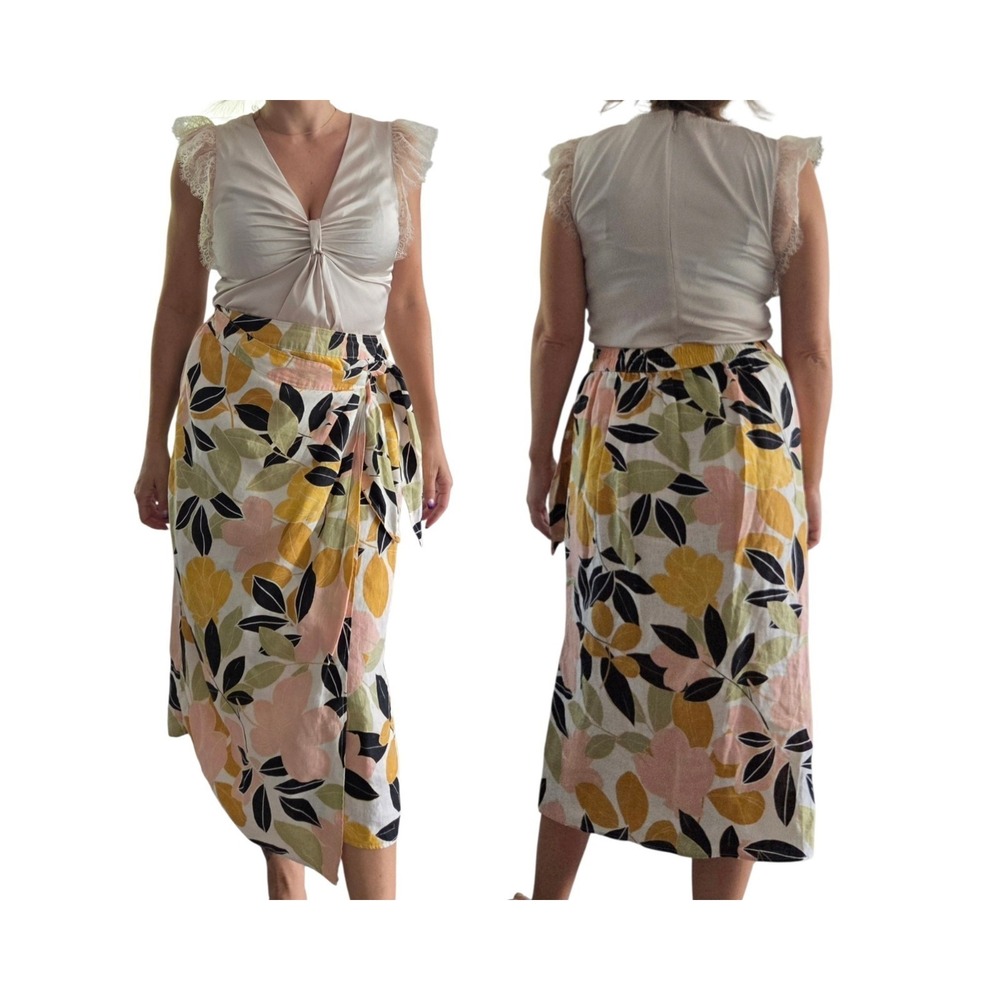 Rachel Zoe 100% Linen Floral Wrap Skirt Tie Waist Midi Small Boho Cottage Coast